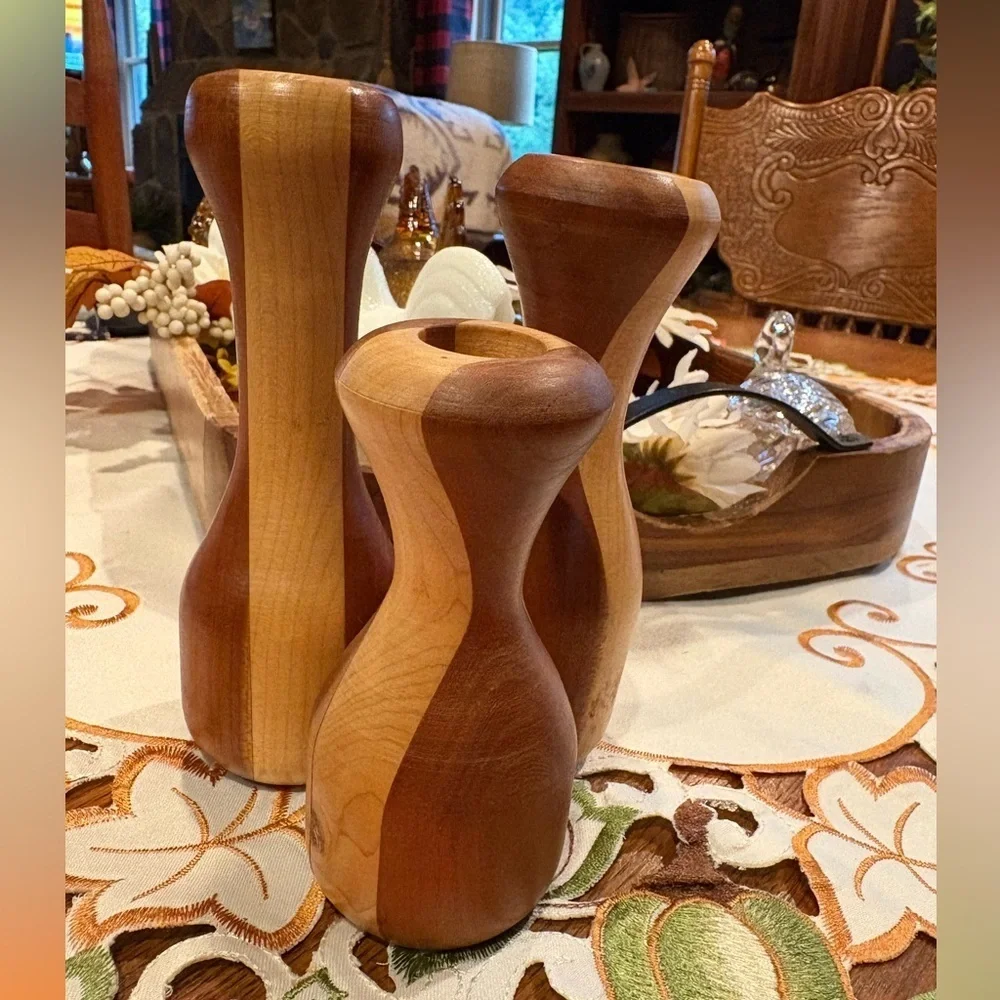 Wooden candle holder Set - Natural/Brown set of 3 handmade and signed